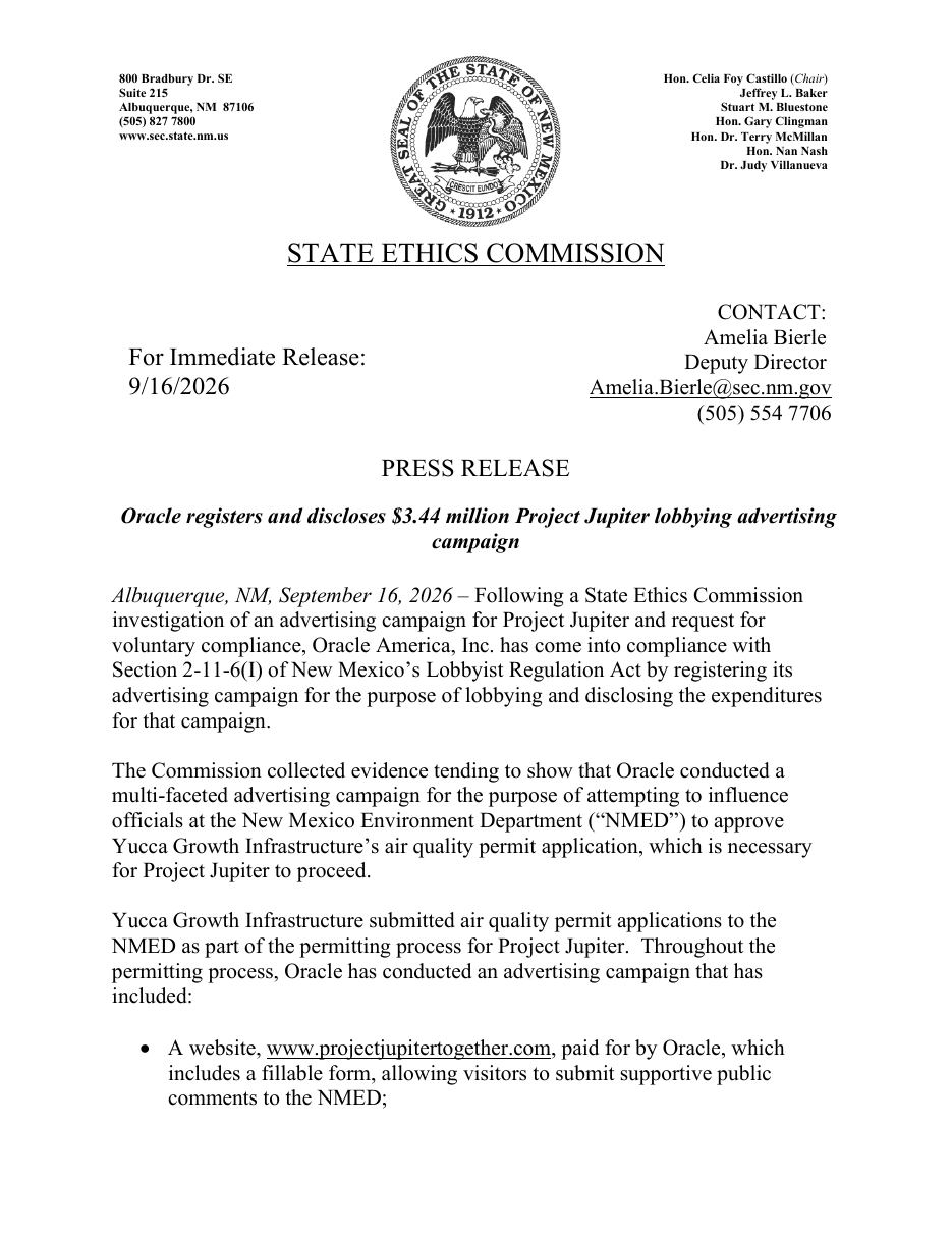 State Ethics Commission press release, September 16 2026: Oracle registers and discloses $3.44 million Project Jupiter lobbying advertising campaign.