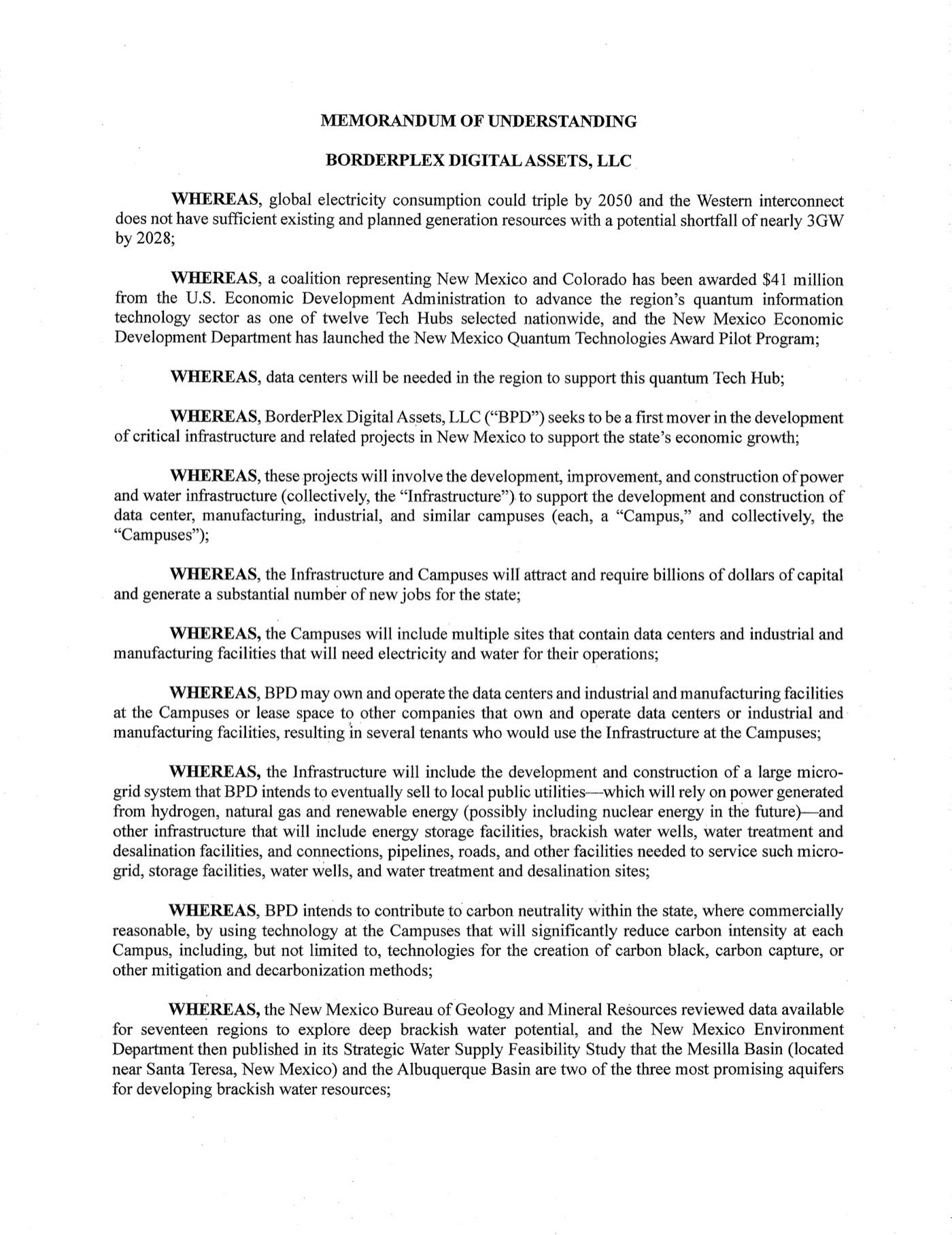 Page 1 of the executed Memorandum of Understanding between the State of New Mexico and BorderPlex Digital Assets, LLC