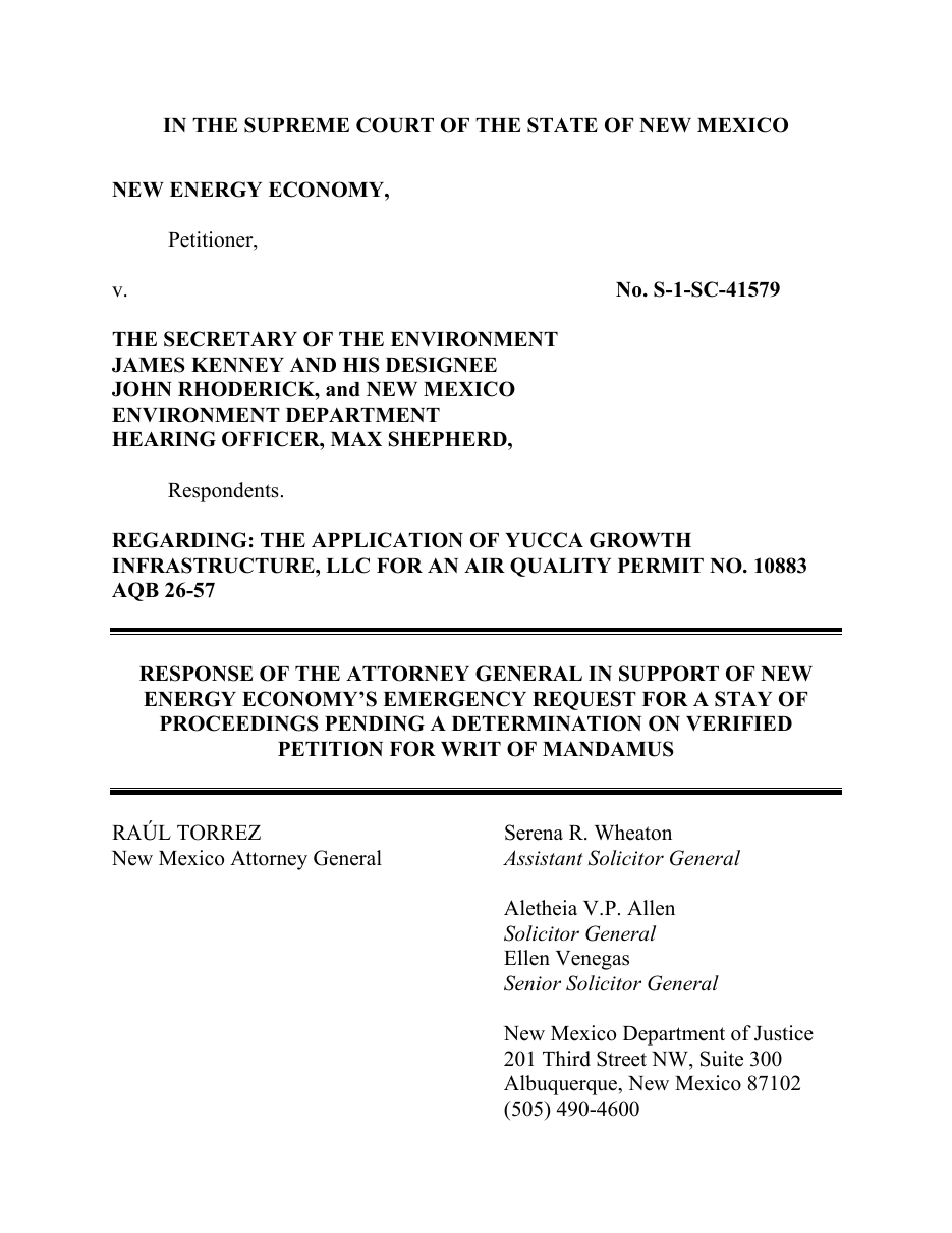 Caption page of the Response of the Attorney General in Support of New Energy Economy's Emergency Request for a Stay of Proceedings Pending a Determination on Verified Petition for Writ of Mandamus, New Energy Economy v. the Secretary of the Environment James Kenney and his designee John Rhoderick, and New Mexico Environment Department Hearing Officer Max Shepherd, No. S-1-SC-41579.