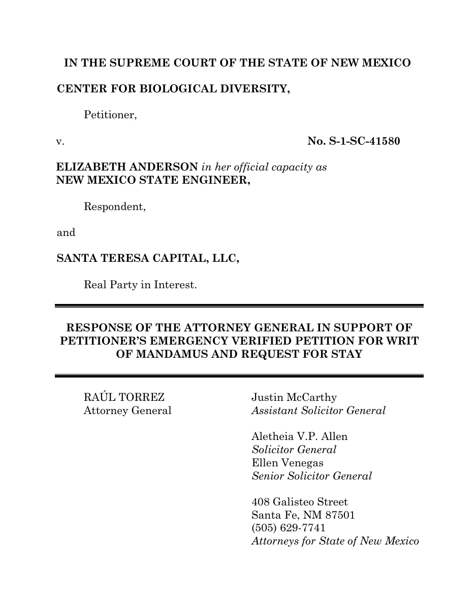 Caption page of the Response of the Attorney General in Support of Petitioner's Emergency Verified Petition for Writ of Mandamus and Request for Stay, Center for Biological Diversity v. Elizabeth Anderson in her official capacity as New Mexico State Engineer, No. S-1-SC-41580, with Santa Teresa Capital, LLC as Real Party in Interest.