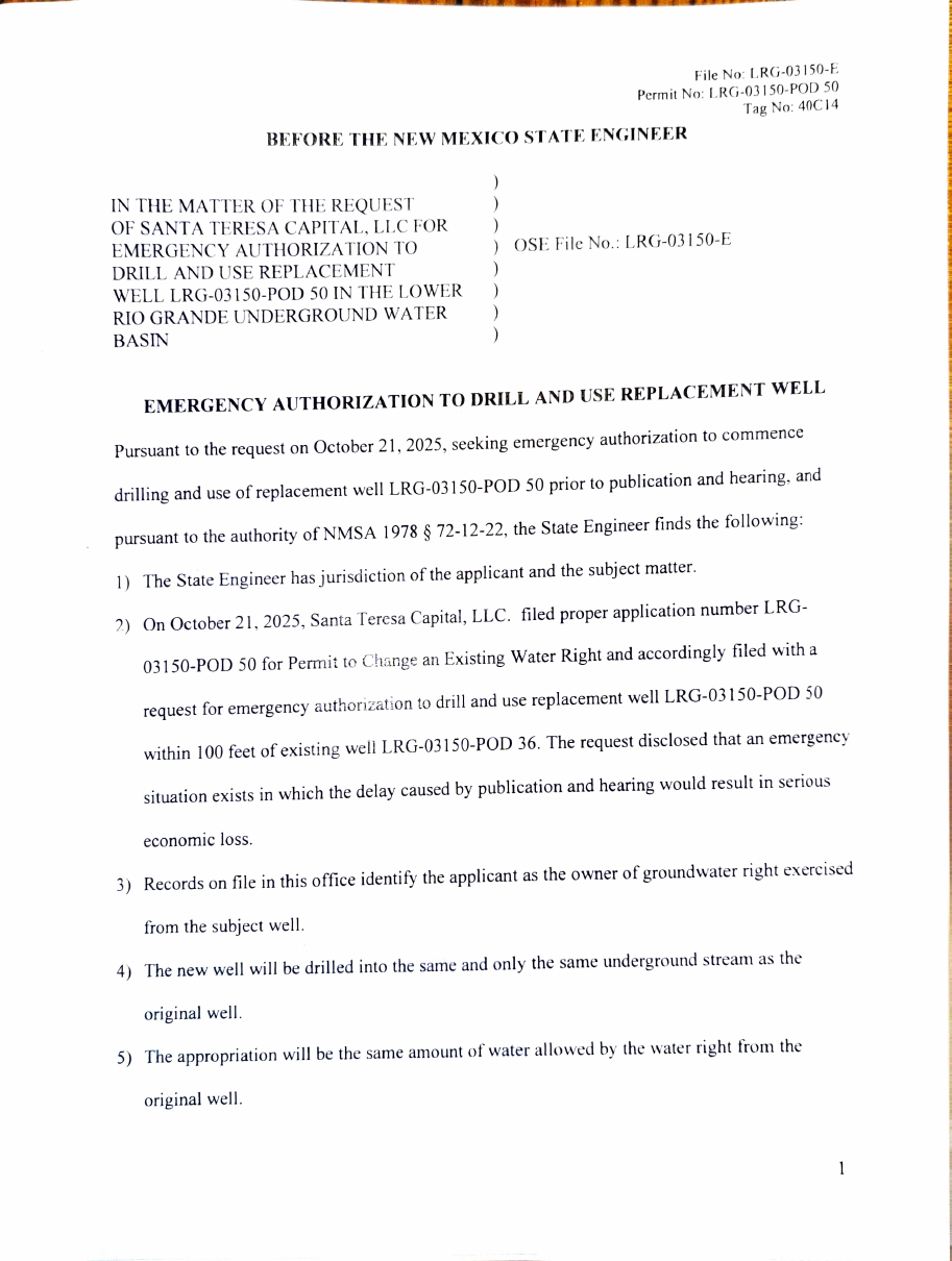 First page of the New Mexico Office of the State Engineer's Emergency Authorization to Drill and Use Replacement Well LRG-03150-POD 50, dated October 23, 2025, File No. LRG-03150-E, issued to Santa Teresa Capital, LLC.
