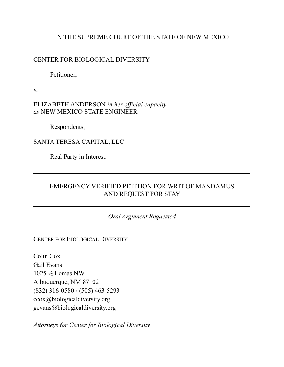 Caption page of the Center for Biological Diversity's Emergency Verified Petition for Writ of Mandamus and Request for Stay, filed in the Supreme Court of the State of New Mexico against Elizabeth Anderson in her official capacity as New Mexico State Engineer, with Santa Teresa Capital, LLC as Real Party in Interest.